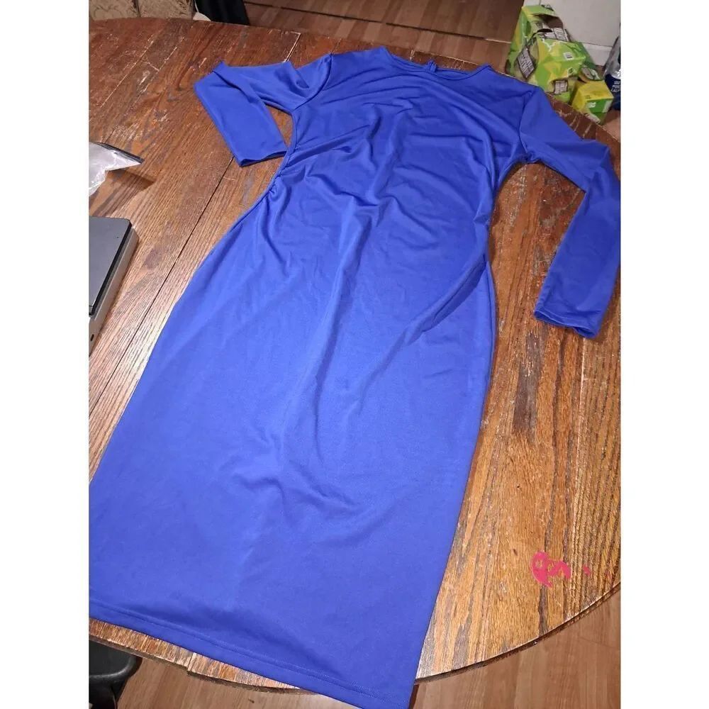 New XL Blue Long Sleeve Crew Neck Ruched Waist Bidycon Form Fitting Maxi Dress